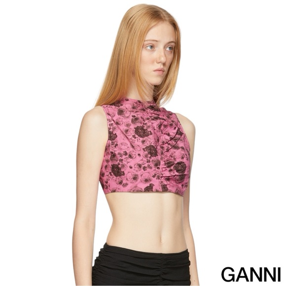 GANNI **NWT** Asymmetrical Ruched Lace-Up Top in Pink Rose Print - Picture 4 of 16